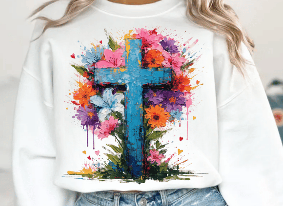 Spring Floral Cross Faith PNG for T-Shirt Designs