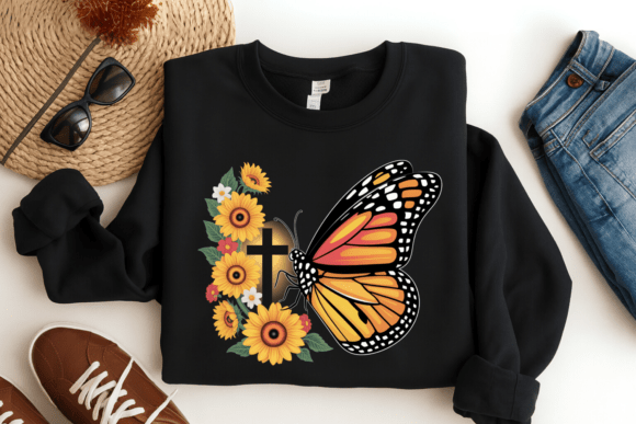 Sunflower Cross Butterfly PNG Design for T-Shirt Designs